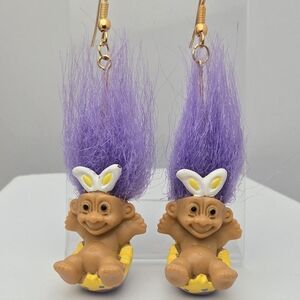 Troll Doll Purple Hair Earrings Retro Easter Russ Berrie Wacky Wabbit 3”